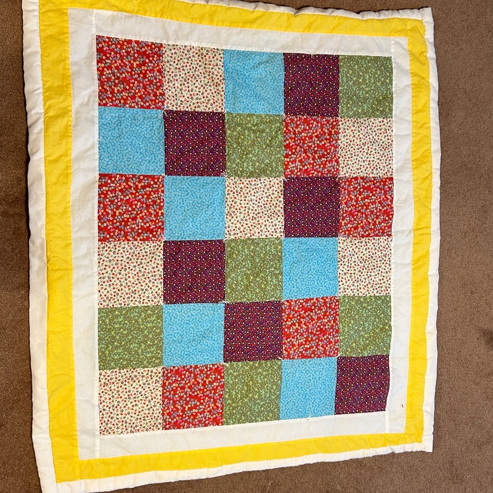 Multicolor Patchwork Cotton lap Quilt with Yellow Border. 47”x41”.